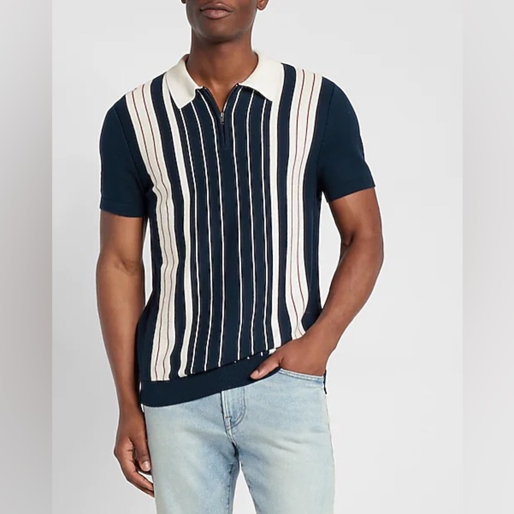 Express- Men’s Medium Vertical Striped Short Sleeve Cotton Polo Sweater